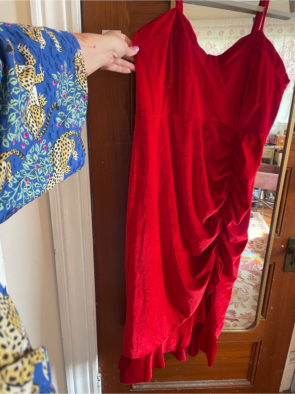 Red Velvet Asymmetrical Ruched Slip Dress